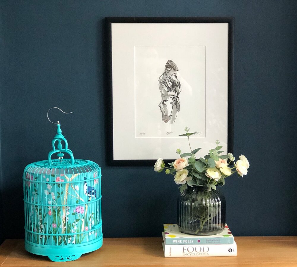 Large Turquoise Bamboo Birdcage Lamp with Chinoiserie Bird Cotton Shade