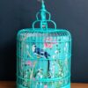 Large Turquoise Bamboo Birdcage Lamp with Chinoiserie Bird Cotton Shade