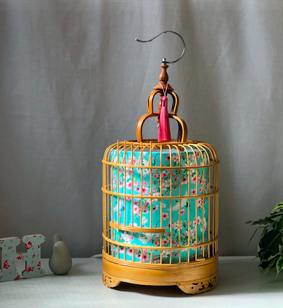 *bamboo birdcage lamp with crane and blossom shade