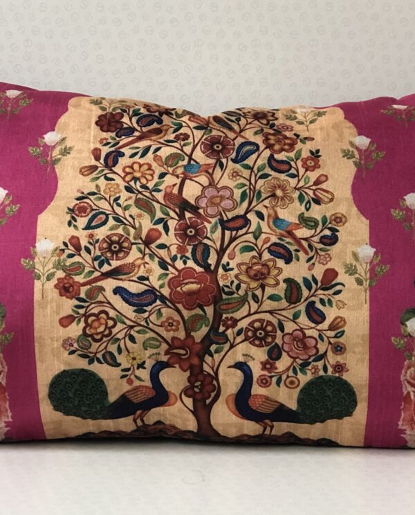 *rectangular pink indian cushion with tree and peacock