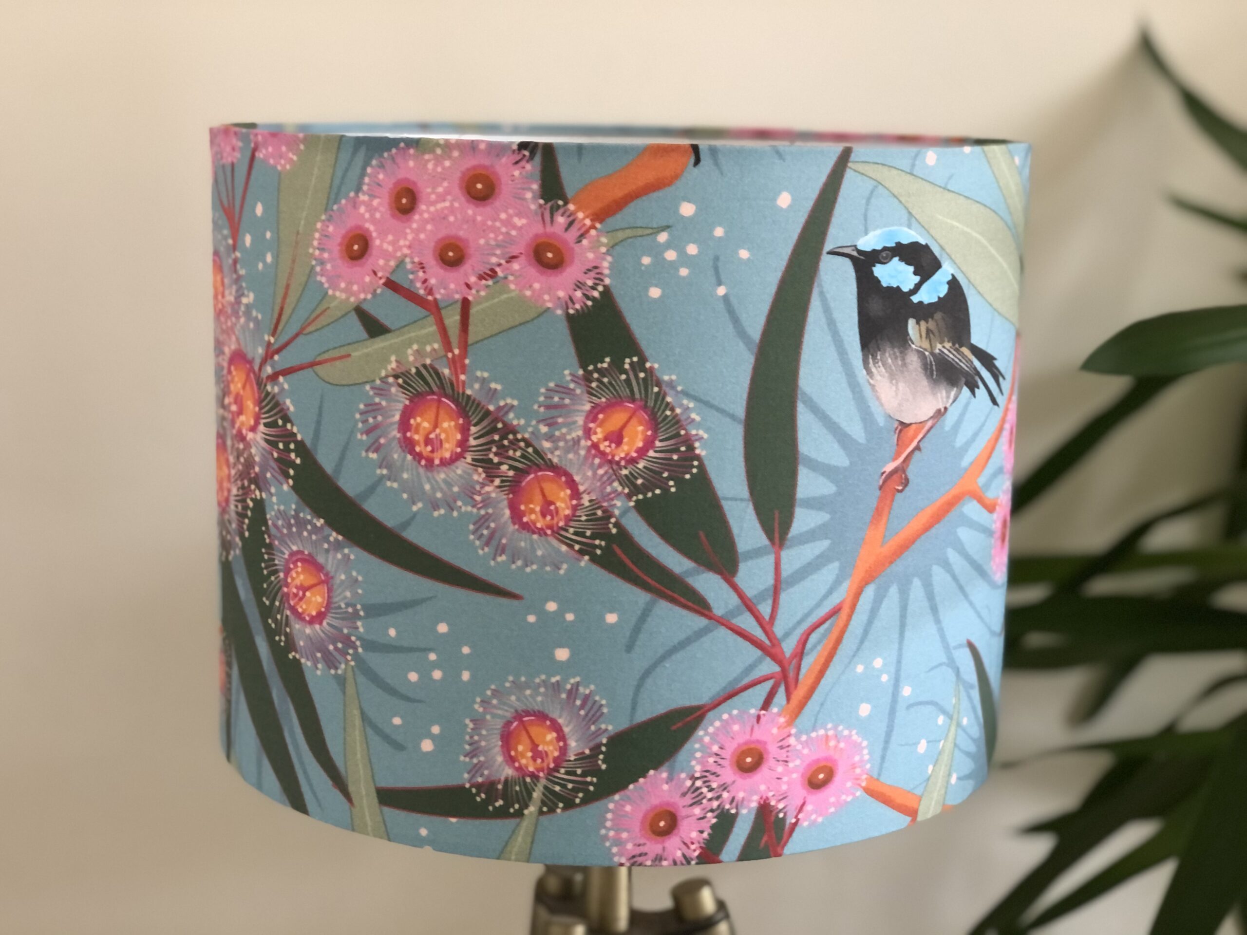 Light Blue and Pink Chinoiserie Lampshade with Birds and Eucalyptus Leaves