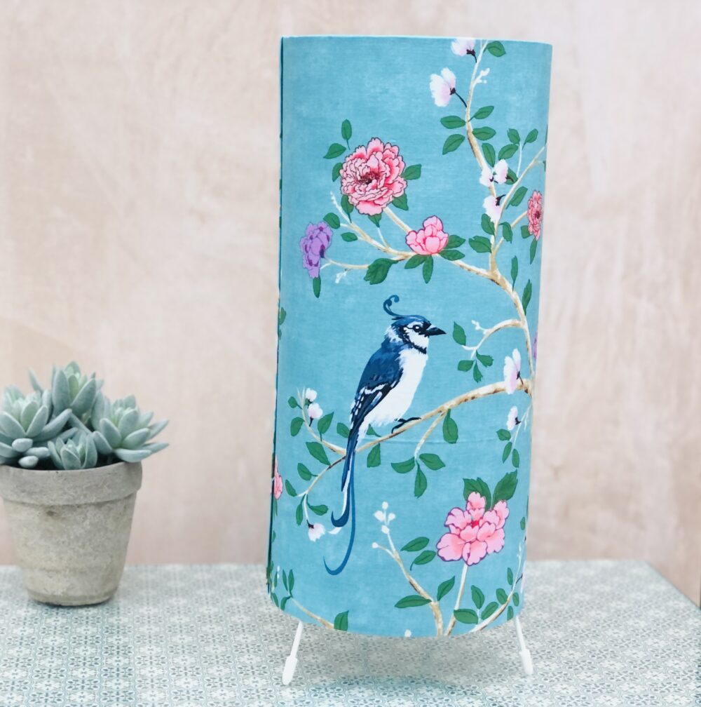 *turquoise chinoiserie fabric lamp with blue bird and pink flowers