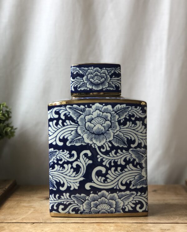 *blue and white rectangular ginger jar with peonies