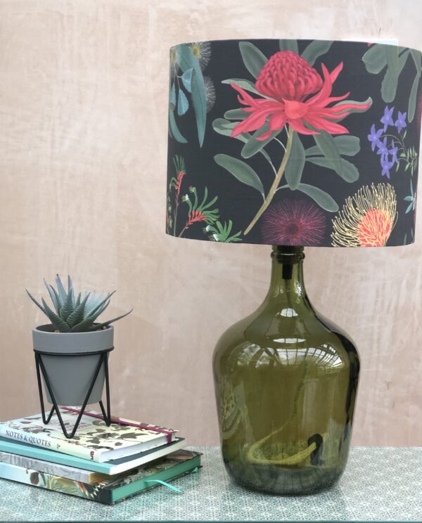 *black floral Australian botanicals lampshade on green recycled glass lamp