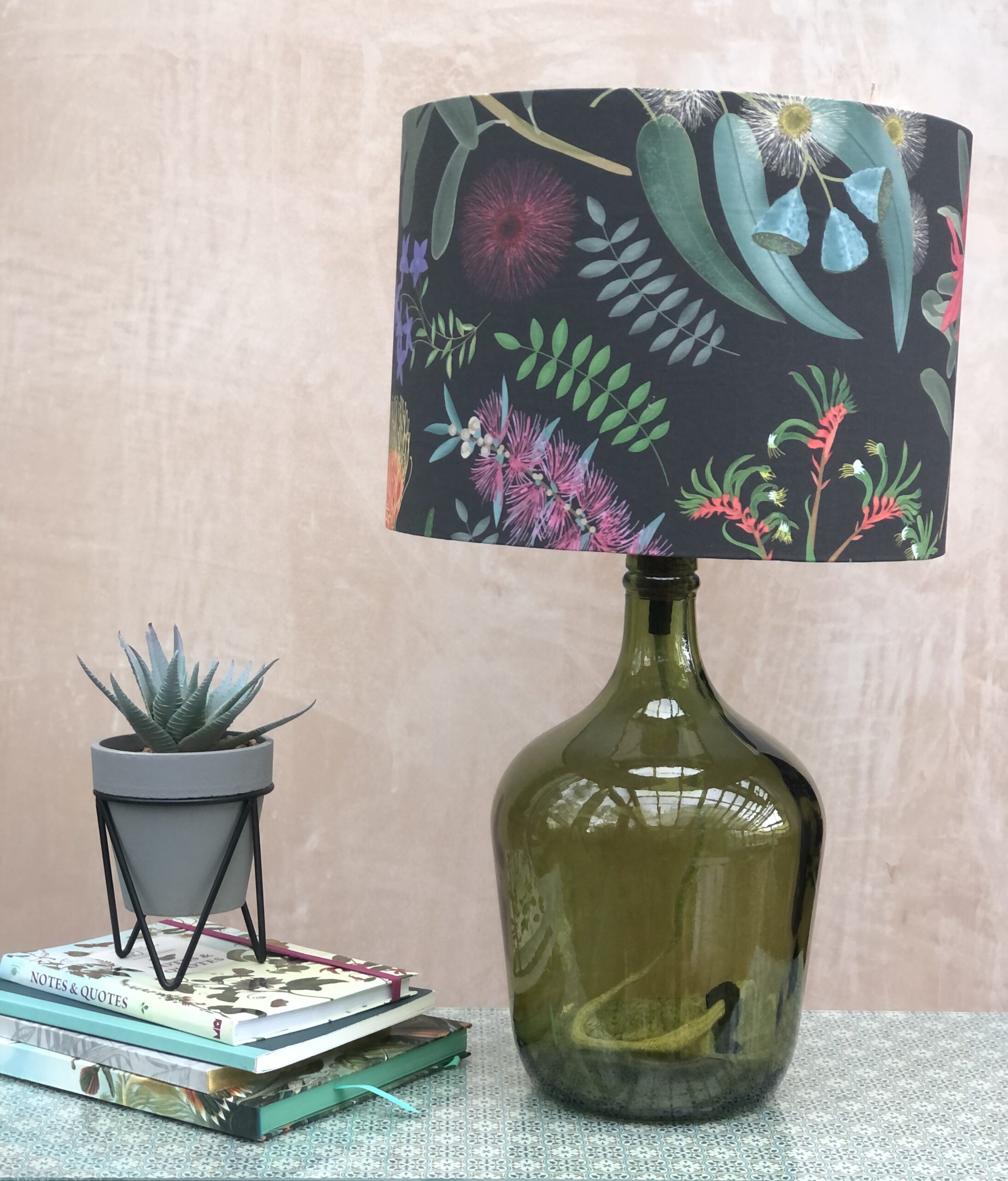 Green Recycled Glass Table Lamp With Australian Botanicals