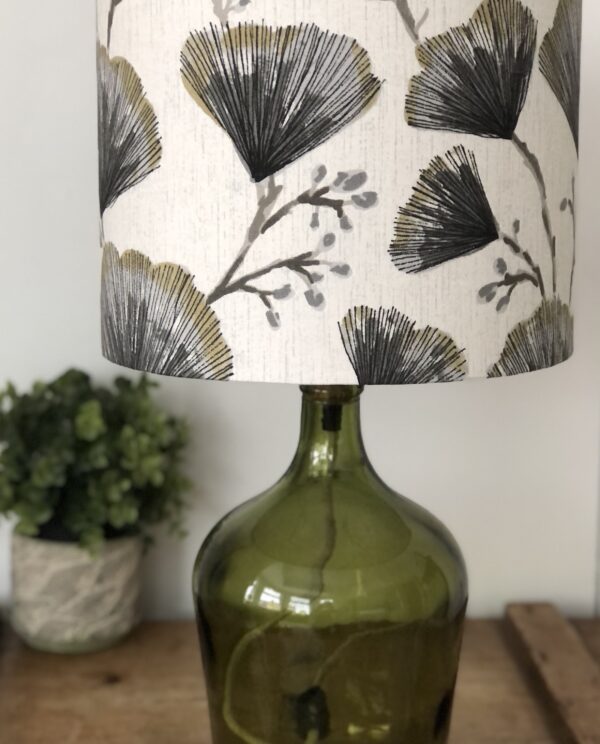 *cream linen lampshade with Japanese gingko flowers in olive and grey