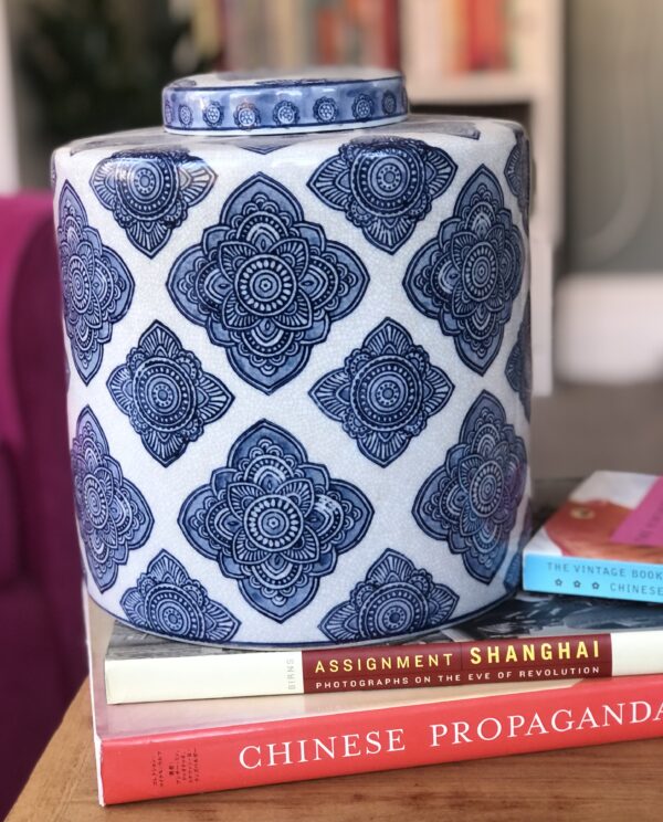 * blue and white geometric patterned ginger jar on books