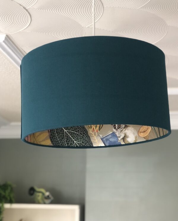 *teal linen lamshade with gold lining with toucans lemur parrots