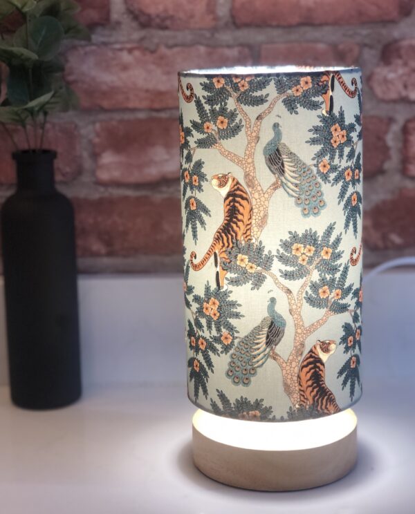 *stone blue fabric table lamp with tigers and peacocks