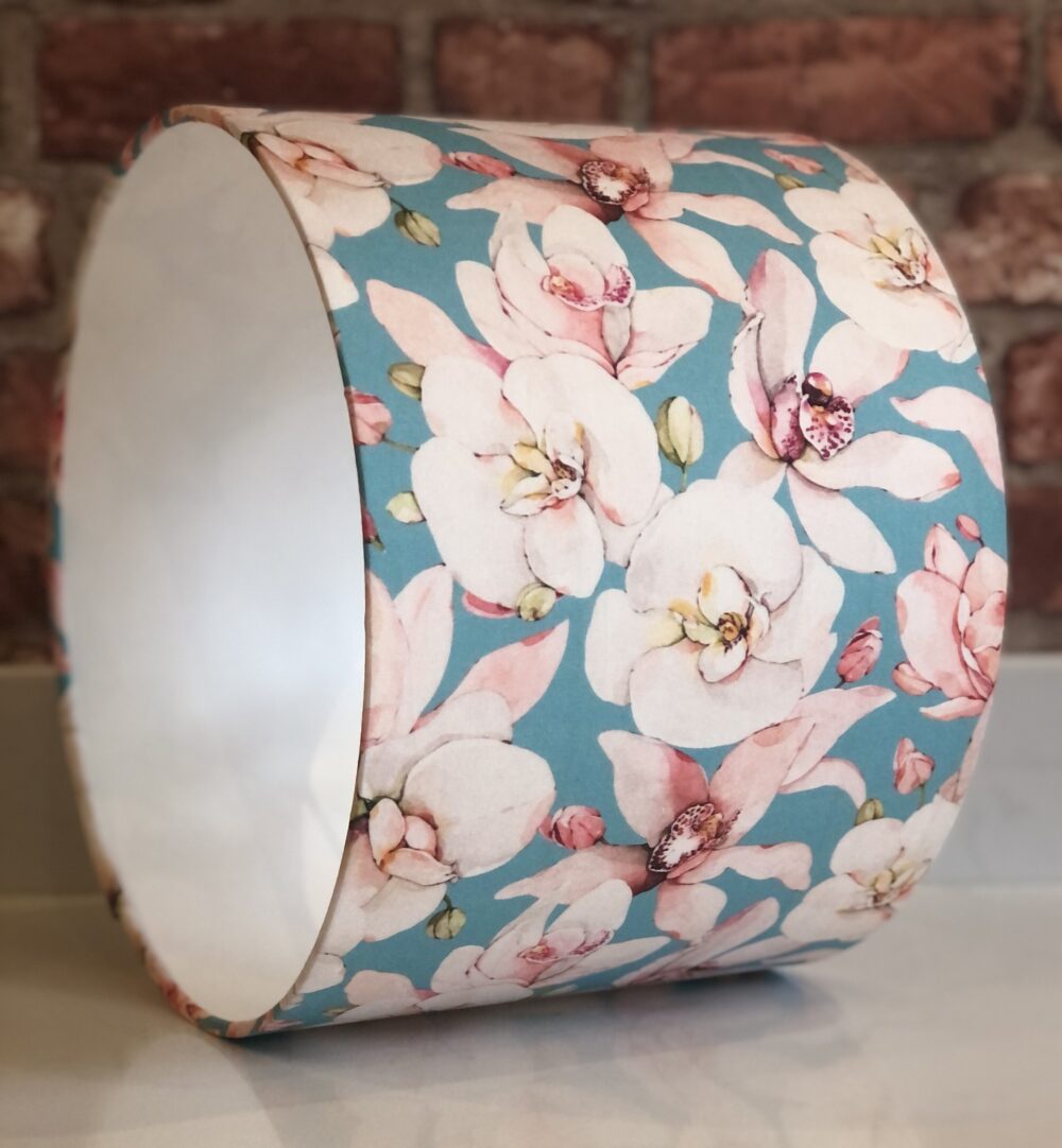 *pale blue lampshade with pink orchid flowers