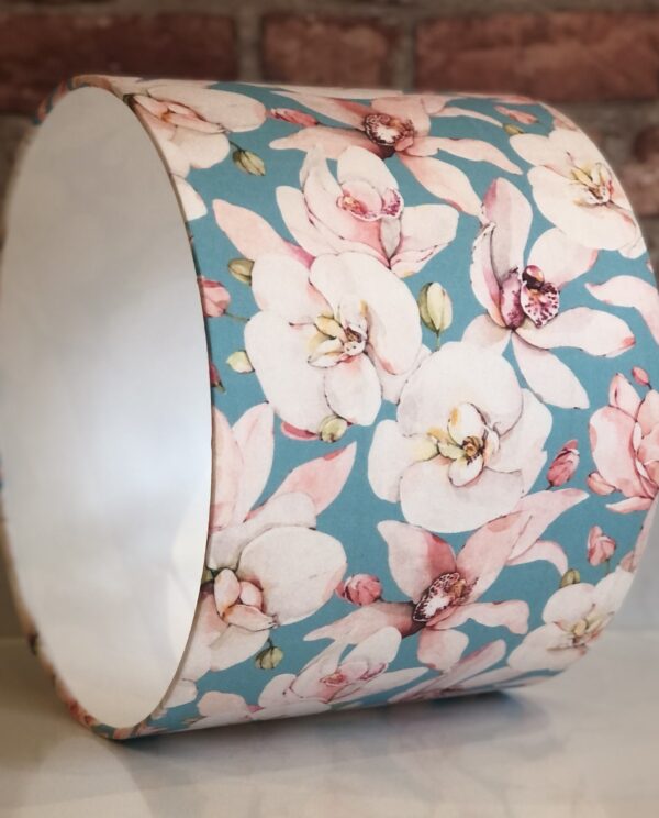 *pale blue lampshade with pink orchid flowers