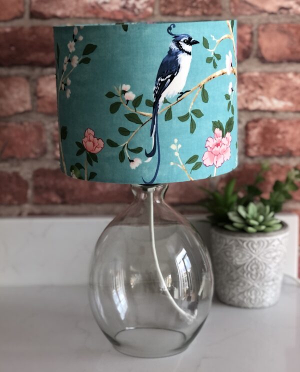*turquoise chinoiserie lampshade on glass lamp