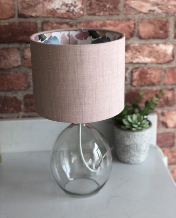 *glass table lamp with dusky pink shade and japanese ginkgo leaves