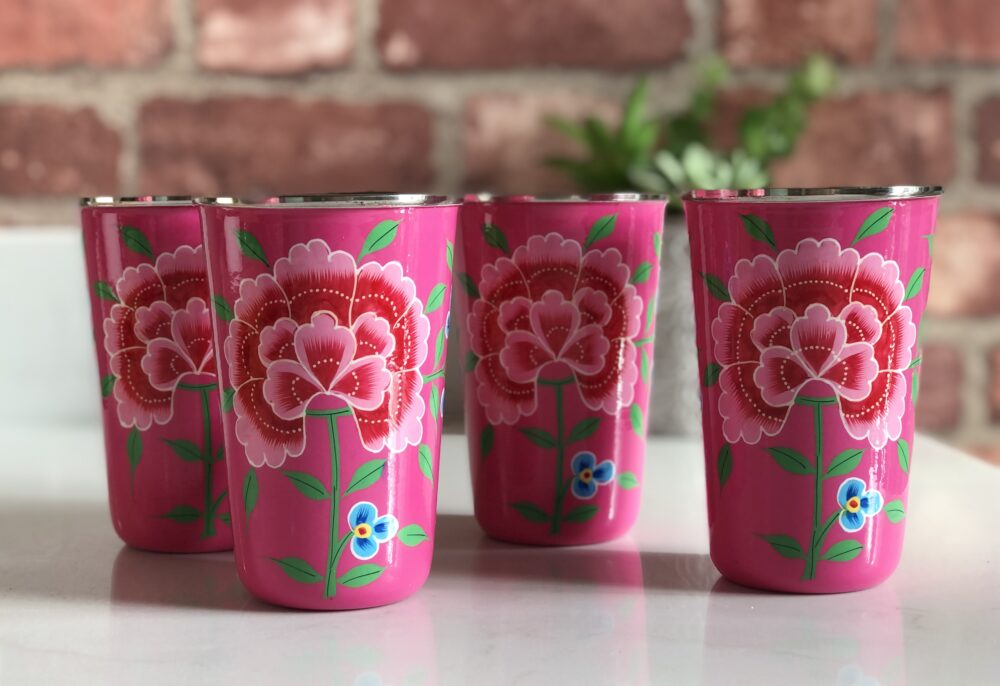 *4 bright pink enamel tumblers from kashmir