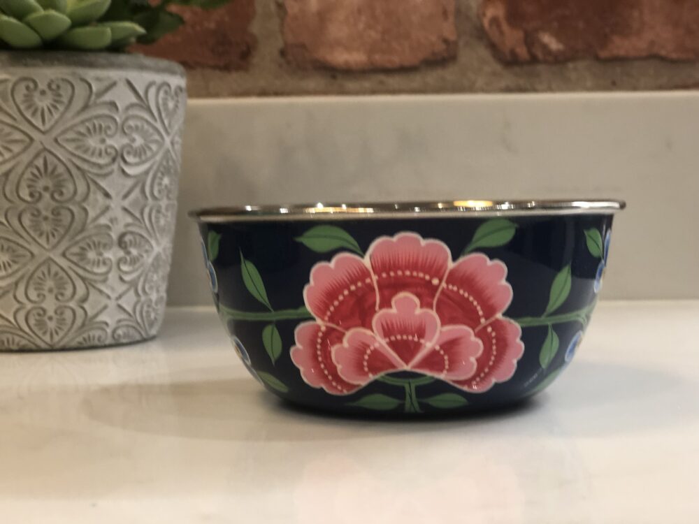 *dark blue enamelware snack maze bowl with flower