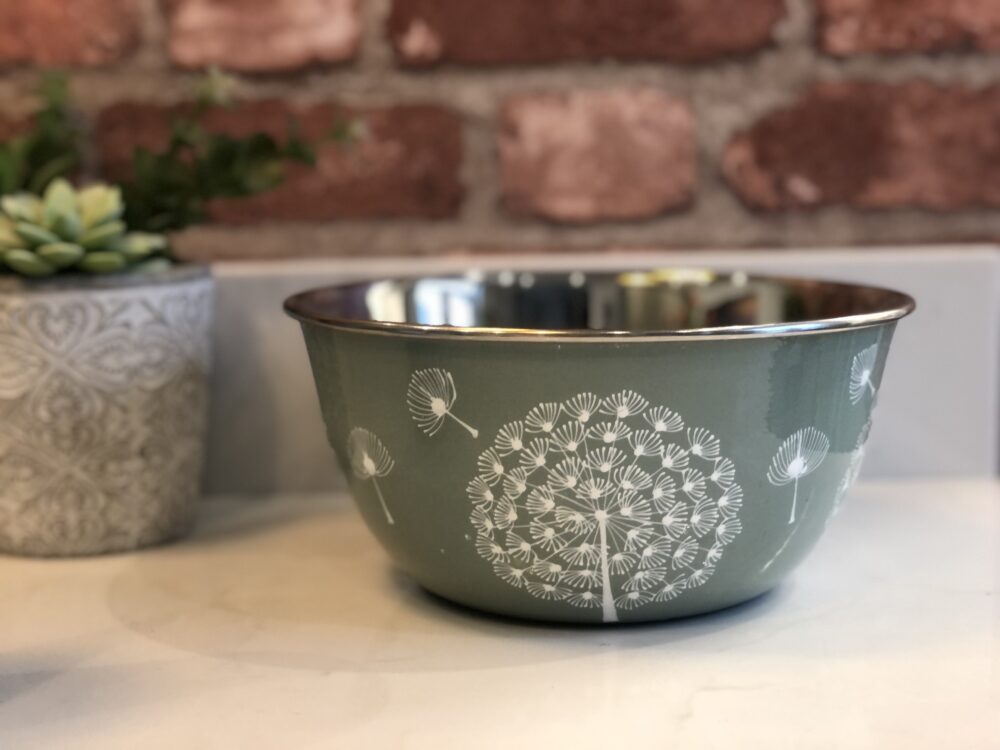 *sage green mixing bowl with dandelion from Kashmir