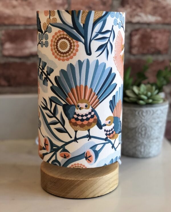 *wooden table lamp with scandinavian bird fabric