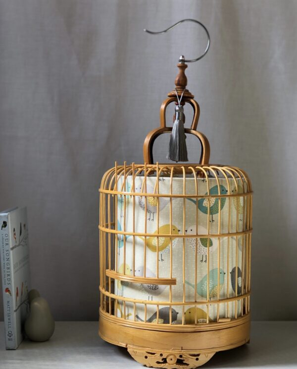 *bamboo birdcage lamp with bird fabric in grey and yellow