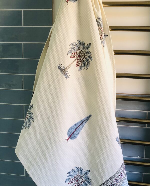 *indian block printed waffle towel with palm trees in blue and cream