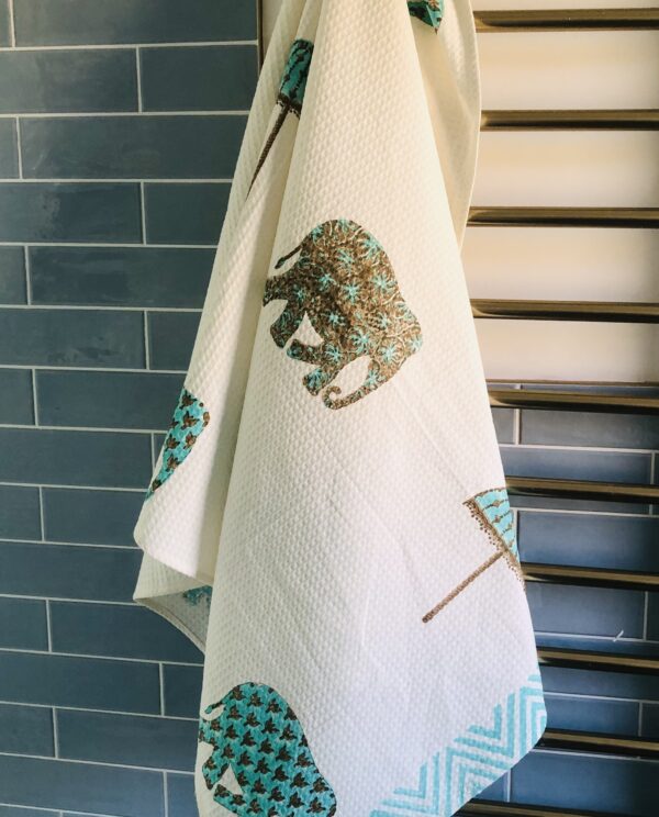 *indian block printed waffle bath towel with elephants and umbrellas