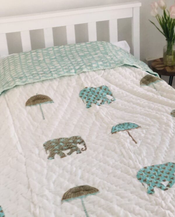 *indian block print quilt with elephants and umbrellas