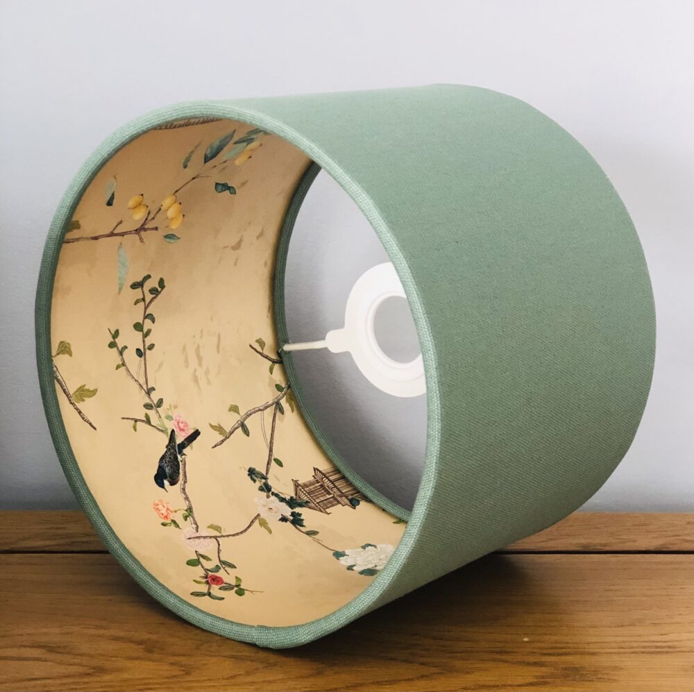 *sage green lampshade with gold chinoiserie lining