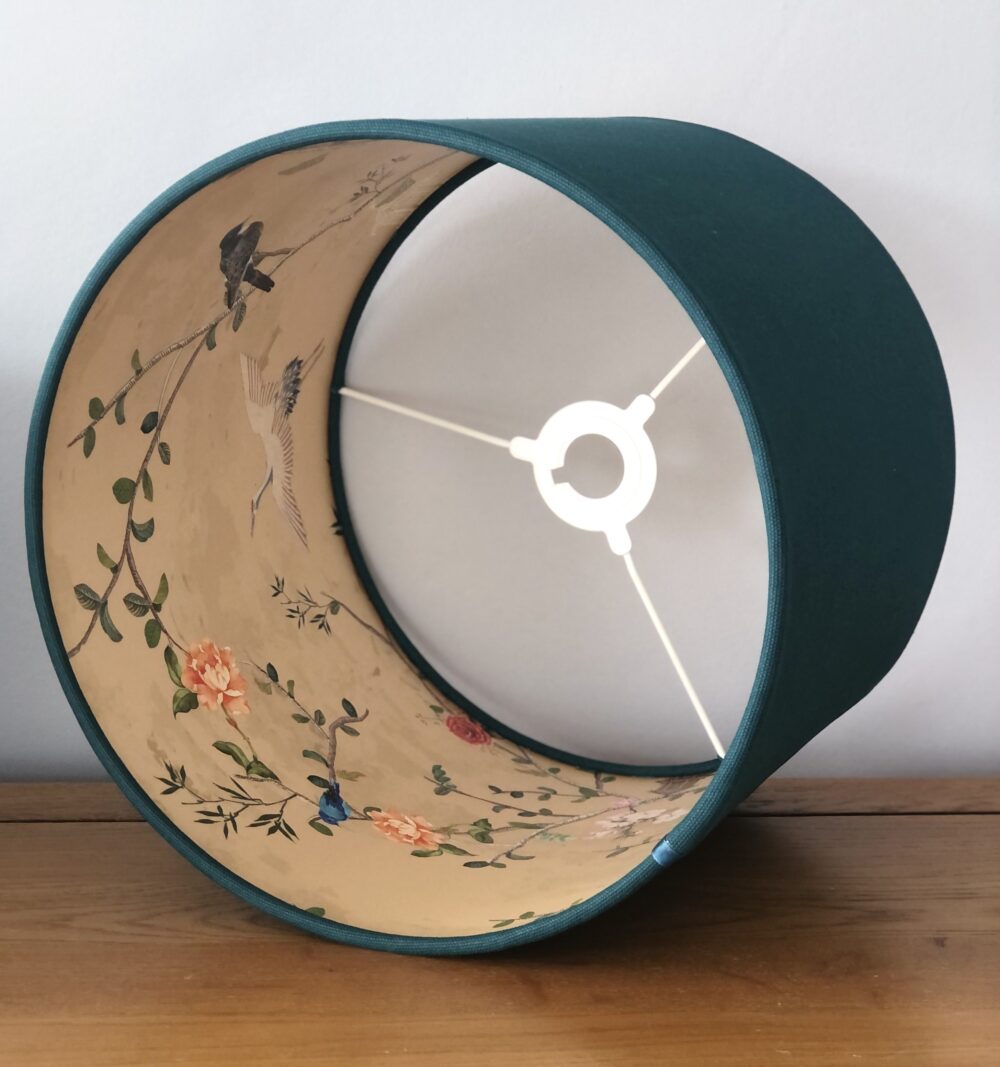 *teal lampshade with chinoiserie gold bird and blossom lining
