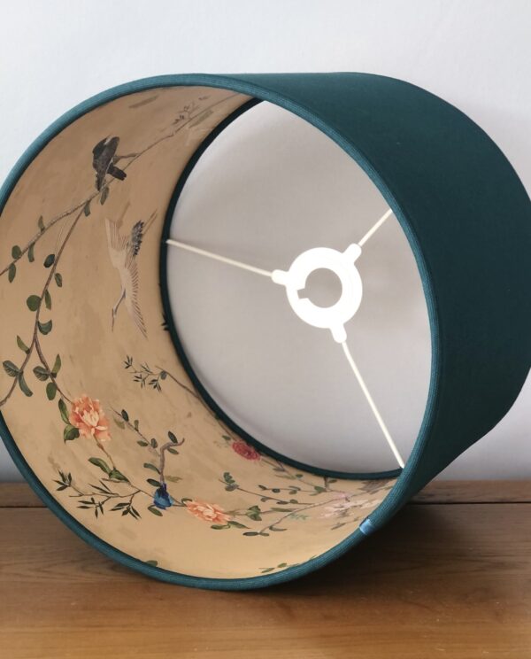 *teal lampshade with chinoiserie gold bird and blossom lining