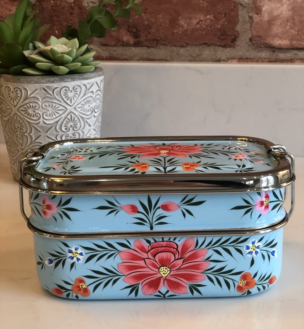 *pale blue metal lunchbox with flowers