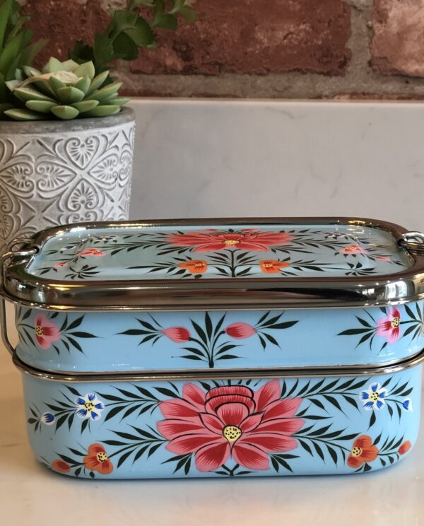 *pale blue metal lunchbox with flowers