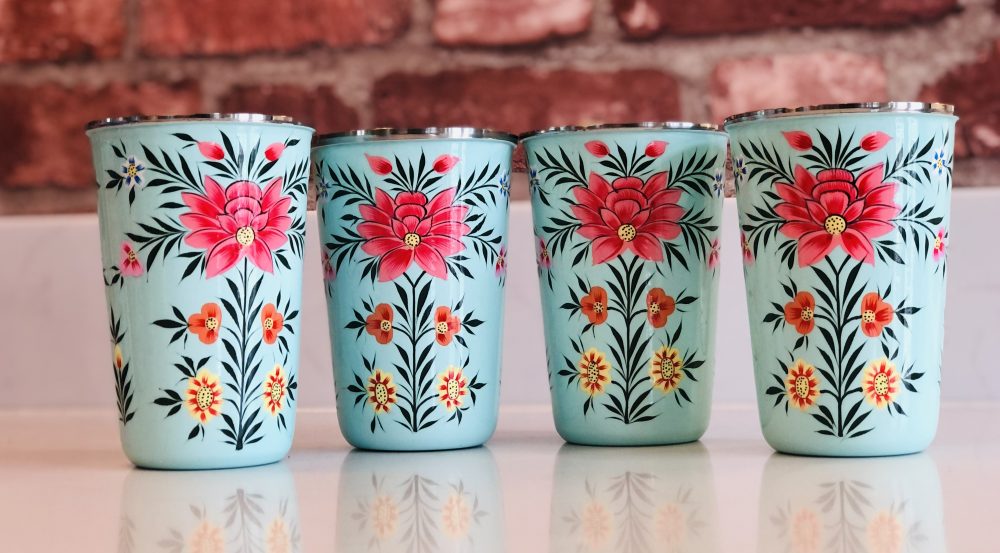 *4 pale green floral enamel tumblers from kashmir