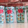 *4 pale green floral enamel tumblers from kashmir